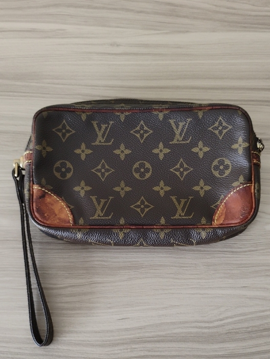 Louis Vuitton Handbags - AuthenticLouis Vuitton Monogram Canvas Wristlet Clutch in Brown with Tan Accents